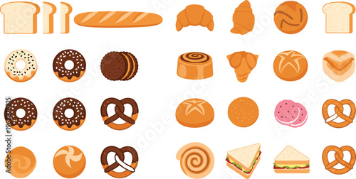 Bakery bread and pastry collection vector illustration set, assorted croissants, donuts, pretzels, sandwiches, and baked goods icons isolated on background