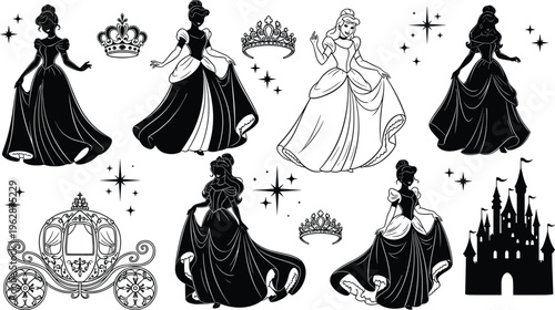 Princess silhouettes set, fairy tale characters with crowns carriage castle, elegant royal women collection, fantasy vector illustration
