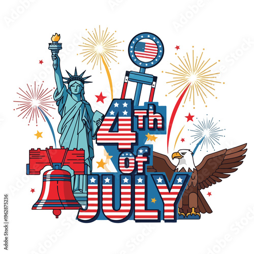 Patriotic illustration with symbols, fireworks, and the date