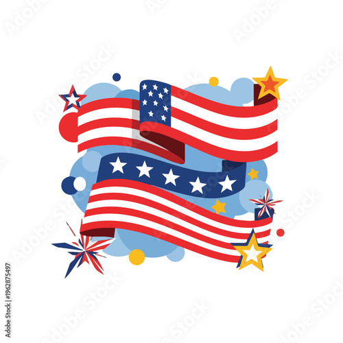 Patriotic illustration with waving flags, stars, and decorative elements