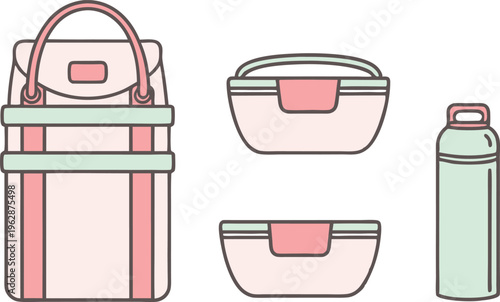 Travel picnic gear with thermal bag and lunch boxes in flat pastel style vector,Generative Ai
