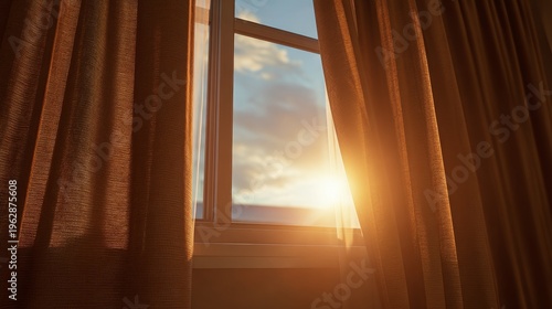 Golden sunlight streams through an open window framed by warm curtains, illuminating the morning sky with soft clouds.