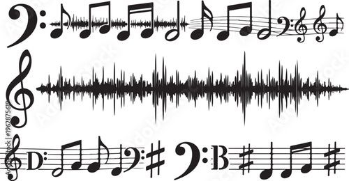 Musical notes and sound wave on white background illustration
