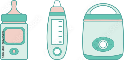 Newborn baby feeding set with milk bottle and warmer in cute flat style vector,Generative Ai