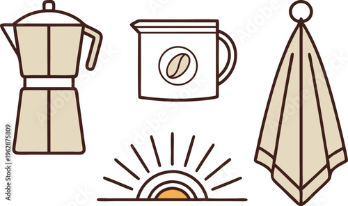 Morning coffee theme with moka pot and sunrise in vintage line art style,Generative Ai