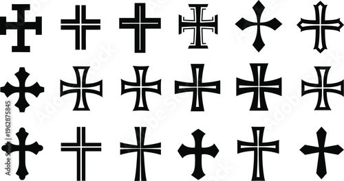 Fifteen Black Cross Icons Including Teutonic and Maltese Styles on White christianity
