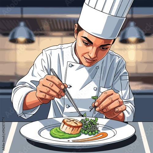 A chef plates a dish with precision. Artwork in a kitchen setting