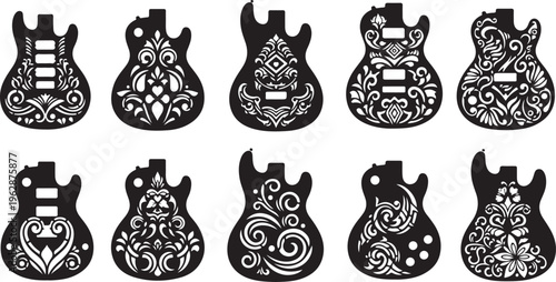 Set of ornate black and white electric guitar designs