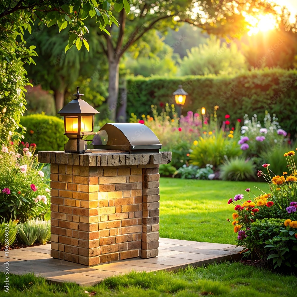 Naklejka premium A serene garden scene with a brick grill and lantern
