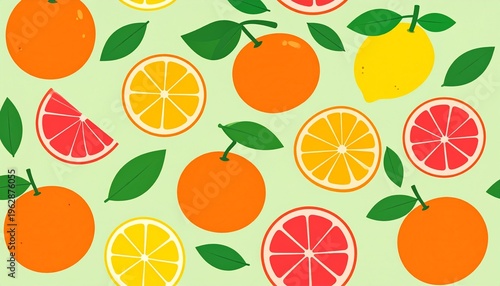 Seamless Citrus Fruit Pattern with Whole and Sliced Oranges Lemons and Grapefruits on Green Background