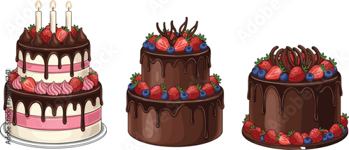 Chocolate strawberry cake collection with layered cream desserts, drip icing and fresh berries, festive bakery celebration vector illustration set