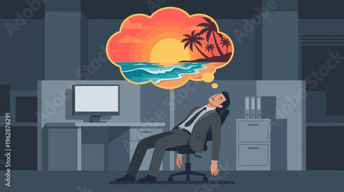 A stressed businessman in a cubicle dreams of a vibrant beach vacation, illustrating hybrid work challenges.