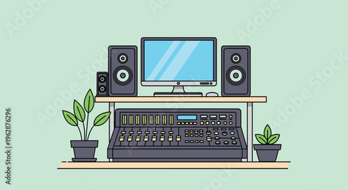 Sound mixing board with monitor speakers.