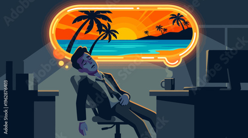 A stressed man in a dark 2d vector office dreams of a tropical vacation amidst hybrid work challenges.