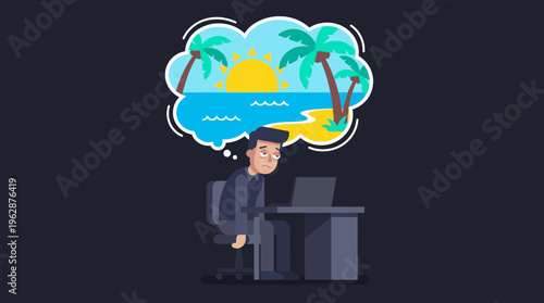 A stressed 2d vector man working remotely at his desk dreams of a tropical beach vacation.