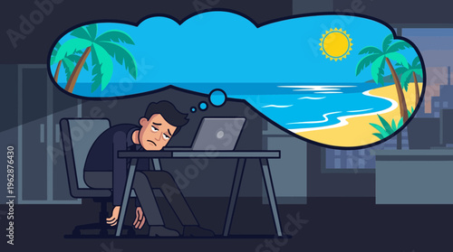 A stressed man working remotely in a dark office dreams of a sunny beach vacation in a 2d vector style.