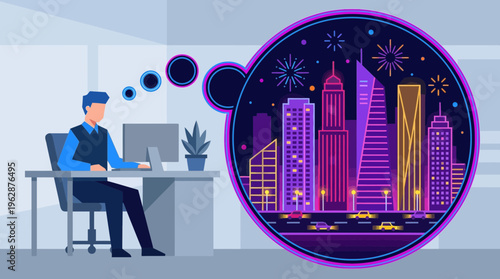 2d vector of a man working remotely at his desk, dreaming of a vibrant city vacation, highlighting hybrid work stress.