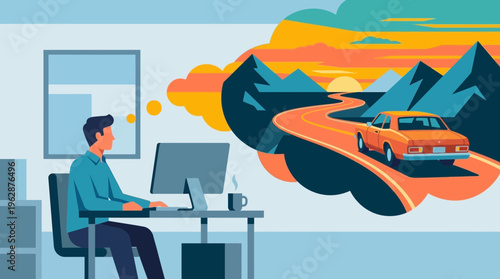 2d vector of a remote worker at his desk, dreaming of a vibrant sunset road trip, encapsulating hybrid work stress.