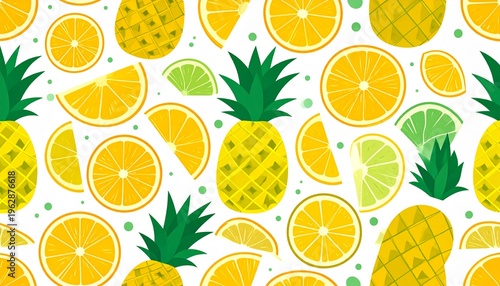 Vibrant Seamless Pattern of Tropical Pineapples and Citrus Slices on White Background
