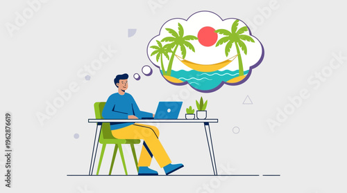 Vector man working remotely, dreaming of vacation, highlighting hybrid work challenges and stress.