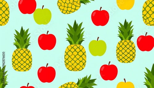 Seamless Vector Pattern of Ripe Pineapples and Fresh Red and Green Apples on a Pale Blue Backdrop