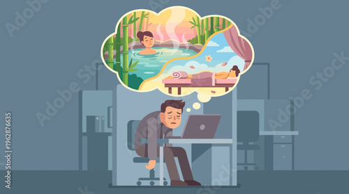 A 2d vector shows a stressed employee at his desk, dreaming of vacation amidst hybrid work challenges.