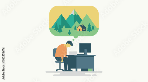 A stressed employee at a desk in a 2d vector illustration dreams of a peaceful mountain vacation while working remotely.