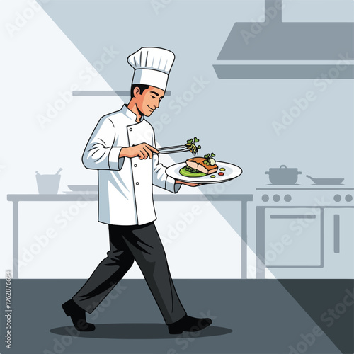 A chef walks, presenting a plate with gourmet meal, in a restaurant