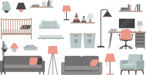 Modern minimalist furniture and home decor collection, featuring various lamps, sofas, cribs, and office items in a flat design.