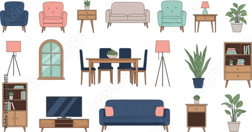 Collection of various home furniture and decor items, including sofas, chairs, tables, lamps, and plants, on a clean white background.