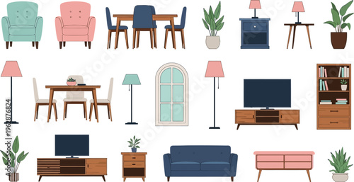Comprehensive collection of various modern home furniture and decor items, including chairs, tables, lamps, and plants, isolated on a clean white background.