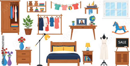 A comprehensive collection of various household items, furniture, and decorative elements for home interior design on a white background.