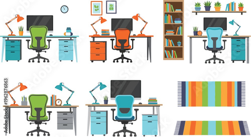 Collection of modern home office setups with colorful ergonomic chairs, desks, computers, and accessories, featuring vibrant striped rugs.