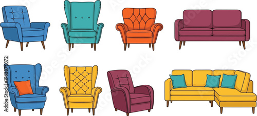 Colorful cartoon furniture collection with various armchairs, sofas, and a sectional on a white background