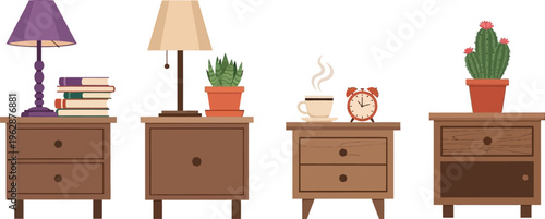 Collection of four distinct bedside tables, each adorned with unique items including lamps, books, plants, coffee, and an alarm clock.