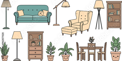 Charming cartoon style home furniture and potted plants collection, featuring various interior elements on a clean white background.