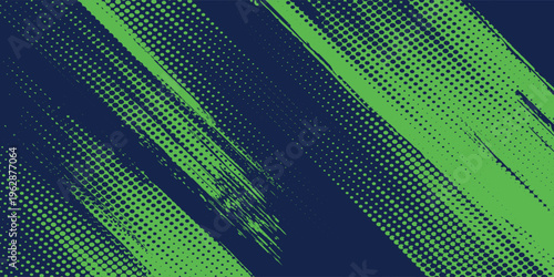 Vibrant lime green halftone dots and grunge brush strokes on a navy blue background