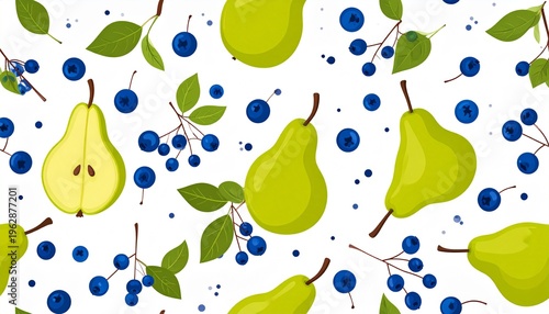 Seamless Vector Pattern with Fresh Green Pears and Blueberries on White Background