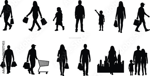 Shopping people silhouettes set, men women families with bags, walking customers collection, retail consumers, urban lifestyle figures, vector illustration
