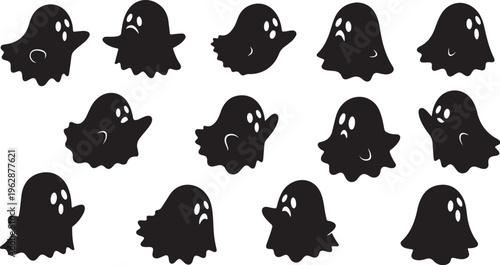 Black ghost silhouettes on white background for Halloween