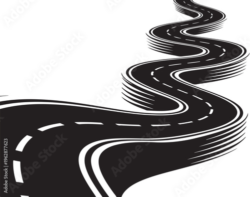 Winding road illustration with white markings on black asphalt