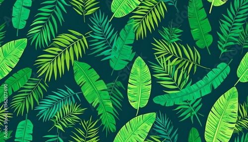 Vibrant Seamless Tropical Leaf Pattern Featuring Banana and Palm Fronds on a Dark Jungle Background