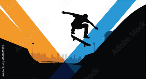 Silhouette of a skateboarder performing an aerial trick against a background divided by sharp diagonal blocks of orange and bright blue light.