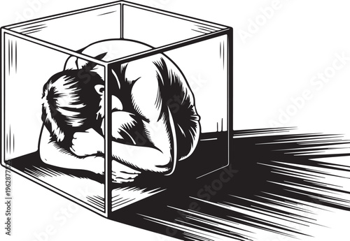 A person curled up inside a glass box suffering from deep feelings of entrapment