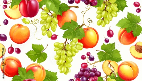 Fresh Summer Fruit Illustration Featuring Ripe Peaches, Nectarines, and Bunches of Green and Purple Grapes on White Background