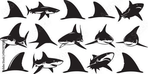 Collection of various shark silhouettes in different poses swimming