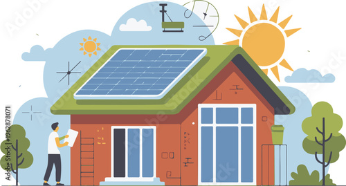 A man stands near a house with solar panels installed on the green roof