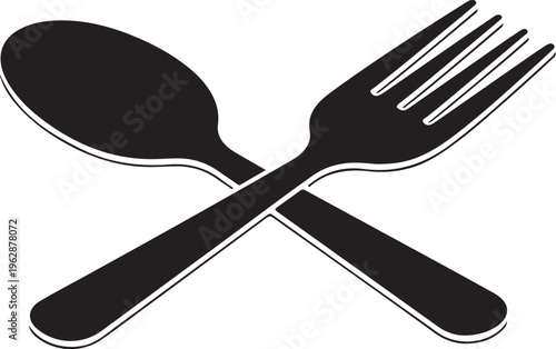 Crossed black fork and spoon on white background