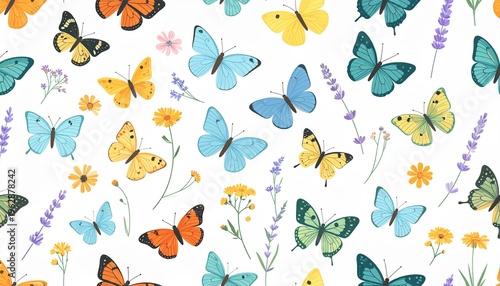 Vibrant Seamless Pattern Design with Hand-Drawn Colorful Butterflies and Delicate Spring Wildflowers