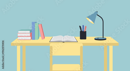 A desk with a lamp and books.